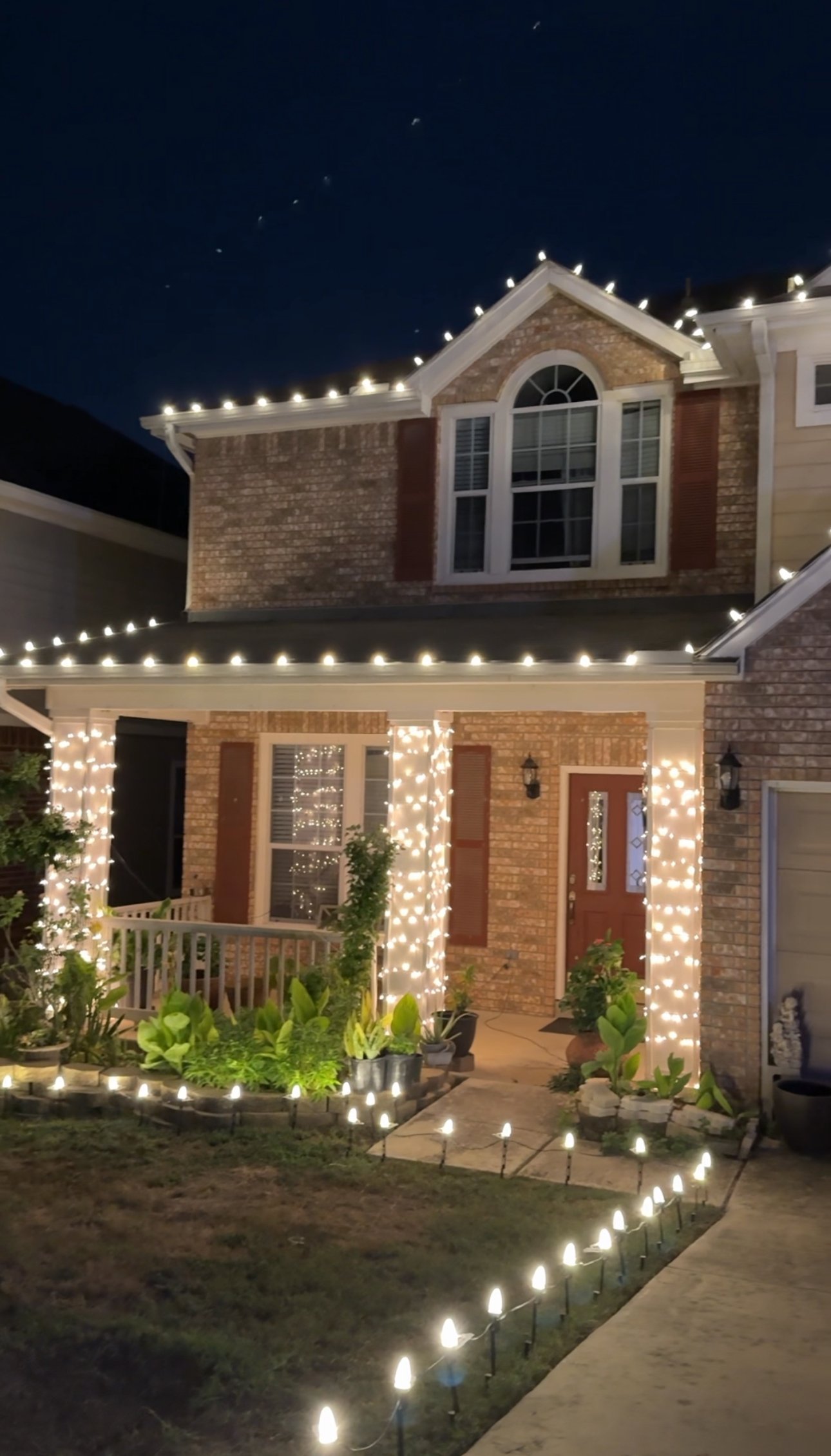 Close-up of completed Christmas lighting